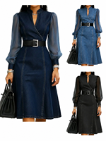 Robe midi trapèze en jean pour femme, à manches bouffantes en maille unie, avec ceinture, coupe ajustée, élégante, pour soirée ou décontractée, printemps-été, design personnalisé