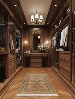 Dressing sur mesure en bois massif américain avec coiffeuse intégrée, éclairage LED et rangement de luxe pour chambre principale de villa