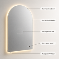 Miroir de salle de bain LED rétroéclairé sans cadre, arqué, anti-buée, à intensité variable 3000K-6000K, étanche IP44, mural, intelligent