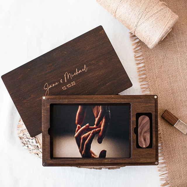 JUNJI Wood Memory Photo Box for 4*6" and USB Flash Drives Wedding Wood Keepsake Box for Photo Wooden Box