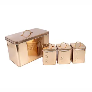 Metal Bread Storage Bin Coffee Sugar Tea Kitchen Canisters Set Bread Box And 3 Round Jars For Countertop