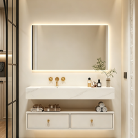 Meuble de salle de bain flottant étanche blanc crème premium avec lavabo intégré en surface solide sans joint