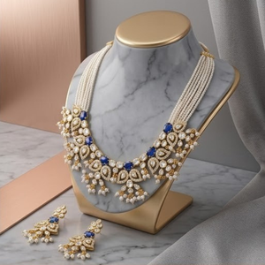 Luxury 925 Silver Sapphire Pearl <b>Necklace</b> Set Designer Bridal Jewelry Traditional Earrings for Classic Beaded Strand Design - Product Image 3
