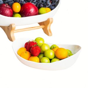 Plat de service en céramique avec cadre en bambou pour fruits, légumes, noix et collations - Product Image 3