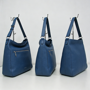 Bolso hobo de cuero genuino azul con textura granulada, con correa extraíble adicional, bolsillo frontal con cremallera, bolso de hombro para mujer - Product Image 3