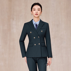 Women's Dark Blue Double-Breasted Suit Set Full Sleeve Polyester Formal Work Wear Spring Autumn Anti-Wrinkle - Product Image 2