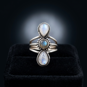Bague Unisexe Faite à la Main en Argent Sterling 925 avec Trois Pierres Naturelles (Merveille de Lune Arc-en-ciel et Labradorite) Serties Pavé, Vente en Gros - Product Image 1