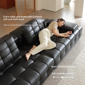 Italian Minimalist Black Top Grain Half Leather Straight Sofa Light Luxury Genuine Leather Living Room Couch - Product Image 2