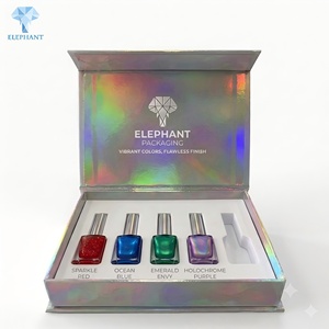 Boîte d'emballage en papier cosmétique de luxe avec insert découpé pour ensemble de vernis à ongles, en argent holographique, personnalisée avec motif éléphant, à couvercle rabattable magnétique - Product Image 4