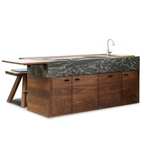 Ensemble de cuisine extérieure écologique et peu encombrante en bois massif avec porte en membrane PVC pour terrasse et jardin