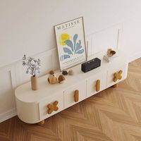 Lemari TV Kayu Solid Gaya Prancis, Meja TV Lengkung Panjang Model Cream untuk Ruang Tamu Modern Minimalis