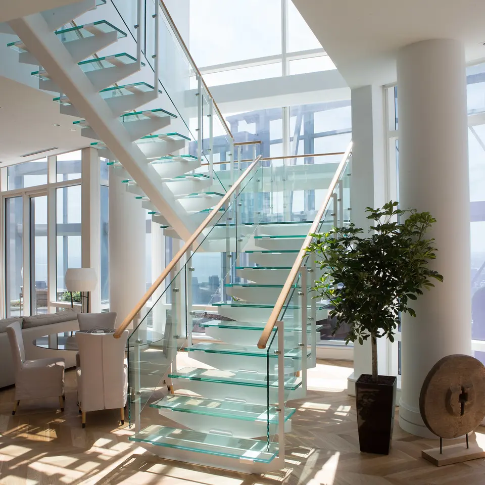 Modern design indoor Staircase glass railing LED staircase solid wood treads floating steel wood stairs