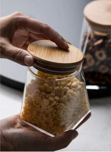 Pot en verre BOROSILICATE <span class=keywords><strong>de</strong></span> bambou pour stockage d'aliments, <span class=keywords><strong>de</strong></span> forme carrée, pot en verre BOROSILICATE, 350/500/750/950ML, vente en gros - Product Image 4