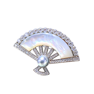 Broche en forme d'éventail avec perle de culture Akoya <span class=keywords><strong>Madama</strong></span> de 8-9 mm, entièrement pavée, style vintage, pour manteau, écharpe, bijou - Product Image 1