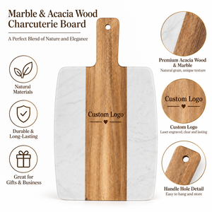 Planche à charcuterie en bois d'acacia avec gravure laser personnalisée et marbre pour les magasins de fromages, les brunchs, les cafés et les stylistes culinaires - Product Image 1