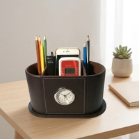 Porte-stylo multifonction en cuir PU et carton de forme ovale LG-B067, horloge, cadre photo, accessoires de bureau, boîte de rangement (personnalisable)