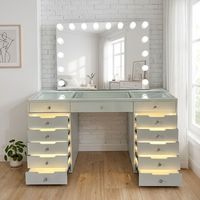 Table de toilette moderne en bois de chêne massif avec miroir éclairé, design écologique et durable pour chambre et salle de bain