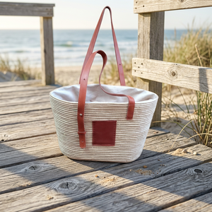 Natural Baskets Handmade Raffia Basket Two Handles Minimalist Design Open Top Home Decoration Straw Lining Advertising Chinese - Product Image 1