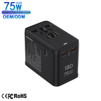 Adaptateur de voyage universel IBD GaN PD 75W avec 3 ports USB-C et 1 port USB-A pour prises US, EU, AU, UK - Charge rapide pour ordinateurs portables, téléphones, appareils photo