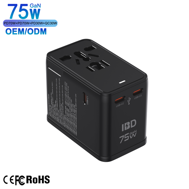 IBD GaN PD 75W Universal Travel Adapter with 3 USB-C 1 USB-A Ports for US EU AU UK Plugs-Fast Charging for Laptops Phones Camera
