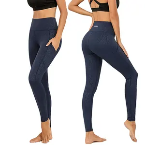 Blue Embossed Leopard Yoga Pants With Pocket Women High Waist Workout Leggings Gym Clothes Buttery-Soft Naked-Feel