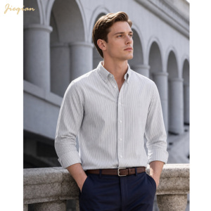 <span class=keywords><strong>Chemise</strong></span> habillée rayée 100 % coton pour <span class=keywords><strong>homme</strong></span>, manches longues, décontractée, boutonnée, pour le bureau, respirante, coupe ajustée - Product Image 2