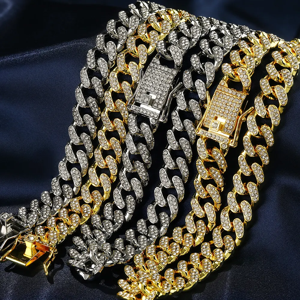 12mm Hip Hop Gold Plated Gemstone Men Necklaces Bling Rhinestone Crystal Diamond Golden Finish Miami Cuban Link Chain Necklace