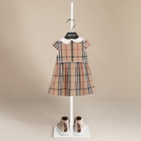Robe d'été en coton à carreaux de style anglais blanc, col rabattu, taille cintrée, coupe trapèze, longueur genou, pour enfants