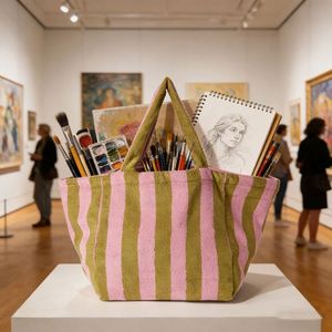 Womens Striped Terry Cloth Shopping <b>Large</b> Capacity <b>Beach</b> Handbag Portable Storage <b>Bag</b> - Product Image 1