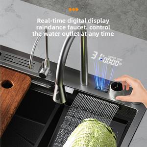 Lavello nero alto e basso lavello da cucina con <span class=keywords><strong>porta</strong></span> coltelli lavabo per verdura con tagliere in acciaio inox <span class=keywords><strong>Pia</strong></span> lavello nero - Product Image 4