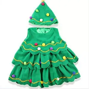 热卖儿童女婴圣诞树服装连衣裙上衣派对背心 + 帽子套装绿色精灵幼儿园表演Cos