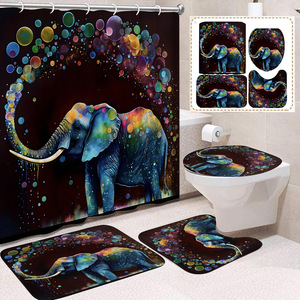 Cortina de Ducha de Poliéster con Estampado Floral en Tonos Tierra y Diseño de Elefantes, Juego de Cortina y Alfombra para Baño, Impresión Digital, Venta al por Mayor - Product Image 4