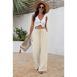 FOXA Women's Linen Palazzo Pants Wide Leg <b>Flowy</b> Beach Trousers Off White With Pockets Breathable Summer Wear - Product Image 3