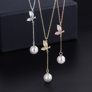 Collier tendance en argent sterling 999 avec perles et nacre, motif libellule, papillon, croix ou chaîne de pull pour femme, électroplaqué - Product Image 4
