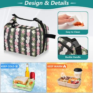 Sac isotherme pour déjeuner style Hawaï, imprimé personnalisé, sac de rangement alimentaire réutilisable, motif Anthurium rose et blanc avec boucle - Product Image 6