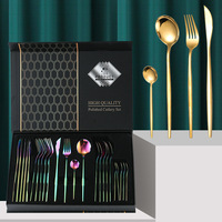 Lot de 24 couverts portugais à manche plat en acier inoxydable, finition miroir, couteau, fourchette, cuillère, vaisselle, coffret cadeau, vente en gros
