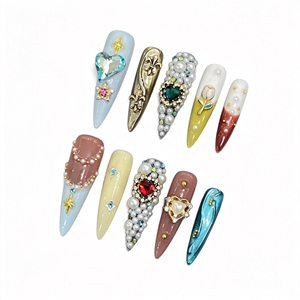 <span class=keywords><strong>Uñas</strong></span> Postizas Hechas a Mano, Estilo Barroco, Lujosas, Vintage, con Perlas, Corazones y Diamantes de Imitación, Arte en 3D, con Lámina Dorada, <span class=keywords><strong>Uñas</strong></span> de Gel, <span class=keywords><strong>Uñas</strong></span> Adhesivas - Product Image 1