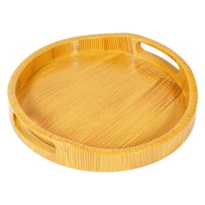 <b>Round</b> <b>Serving</b> <b>Tray</b> With Handle Imitation Wood Grain Non Slip Turmeric Color For Tea Coffee Hotel Use - Product Image 5