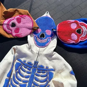 Custom Wholesale 100% Cotton Premium 3D skull chenille embroidery Full Zip Up Hoodie