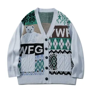 Men's loose sweater jacquard letter bear embroidered knitted sweater cardigan provides OEM ODM customization service