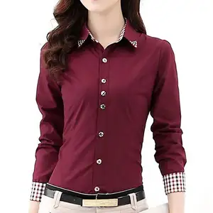 Camisa de manga larga personalizada para mujer, camisa de oficina a cuadros de retazos para otoño y primavera