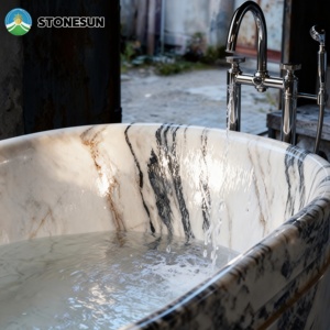 Baignoire ronde autoportante en pierre naturelle StoneSun Calacatta Viola, baignoire en marbre pour salle de bain à domicile - Product Image 5