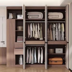 <span class=keywords><strong>Armadio</strong></span> Moderno Minimalista per Studio, Combo Scrivania e Guardaroba Integrati in Tonalità Crema e Legno Chiaro, Certificato CARB P2, RTA Pronto da Montare - Product Image 2