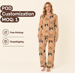 Pijamas a Cuadros con Cara de Gato Personalizada, <span class=keywords><strong>Manga</strong></span> Larga, Cuello de Solapa, Ropa de Dormir para Mujer, Ropa de Casa con Foto Personalizada, Dropshipping MOQ 1 - Product Image 1
