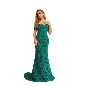 Venta al por mayor de las mujeres verde esmeralda de lentejuelas vestidos de noche elegante Gala hoja de encaje elegante fuera del hombro largo vestido de Graduación - Product Image 6