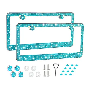 Aquamarine Bling License Plate Frame Stainless Steel Rhinestone License Plate Holder Glitter Crystal License Plate Cover Sparkly