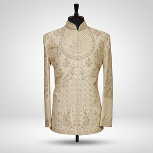 ELEGANT-BEAUTIFUL EMBROIDERY on GROOM SHERWANI and <b>PANT</b> WITH EMBELLISHED CRYSTAL GLASS BEADS,DABKA,STONE WORK for WEDDING=2024 - Product Image 3