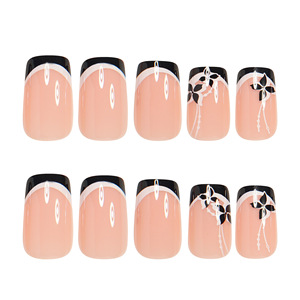 24 Uñas Postizas Negras con Franjas Blancas Francesas y Patrón Floral Chino, Uñas de Cobertura Completa, Puntas de Uñas para Manicura DIY - Product Image 2