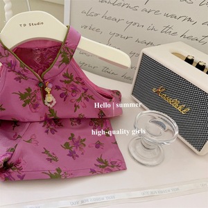 Tongxingyuan Girls Summer Chinese Style Floral Vest Shorts Set Cotton Satin Thin Fabric Children Outfits - Product Image 2