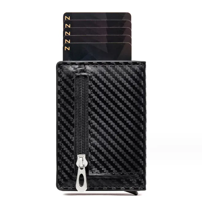 Cartera negra delgada multifuncional con logotipo personalizado para hombre, monedero informal de negocios de aleación de aluminio, cartera triple de cuero con tarjetero